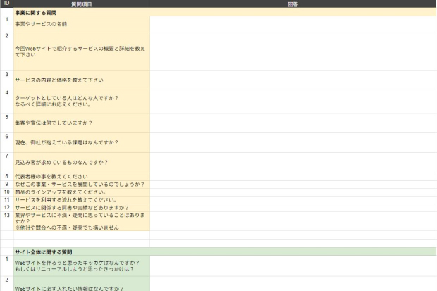 サービスに関する要件やターゲット層などの情報を記入するためのヒアリングシートのサンプル